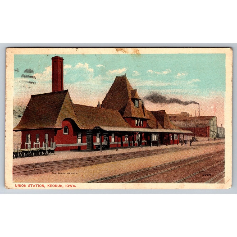 Vintage Union Station Keokuk Iowa Postcard 1915 H. M. Anschutz Railroad Depot